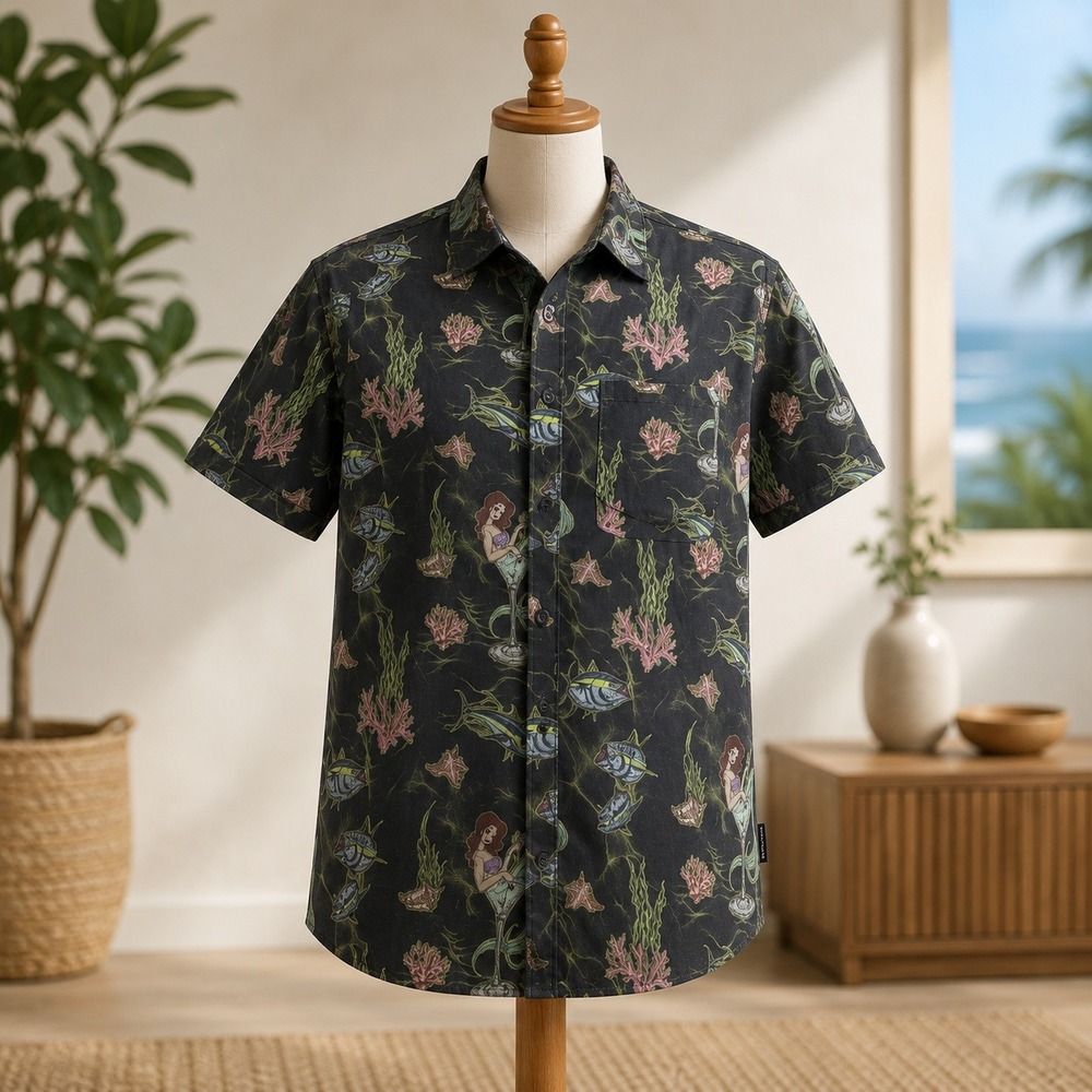 Psycho Tuna Mermaid Mixer Shirt Men Medium Black Short Sleeve Button Up PTYT0037